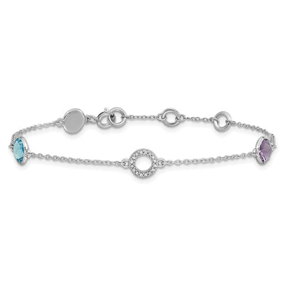 White Ice Sterling Silver/Rhodium-plated Diamond, Blue Topaz, Amethyst Bracelet plus Extender