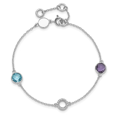 White Ice Sterling Silver/Rhodium-plated Diamond, Blue Topaz, Amethyst Bracelet plus Extender