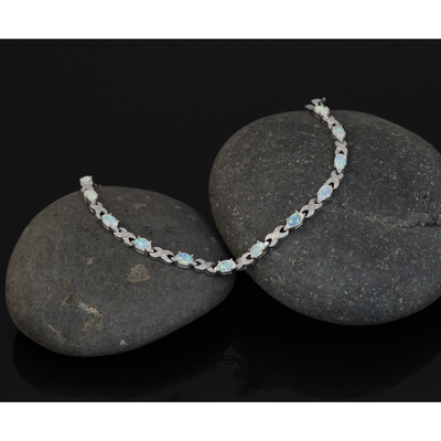Sterling Silver Rhodium Plated Created Opal XO Bracelet