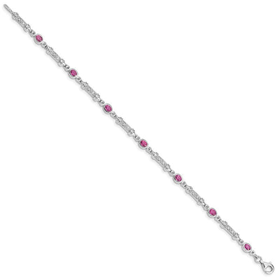 Sterling Silver Rhodium-plated Pink Tourmaline and Diamond Bracelet, 7 x 4mm