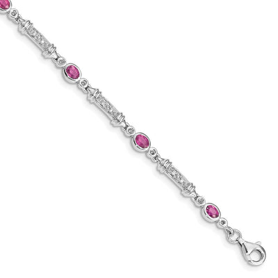 Sterling Silver Rhodium-plated Pink Tourmaline and Diamond Bracelet, 7 x 4mm