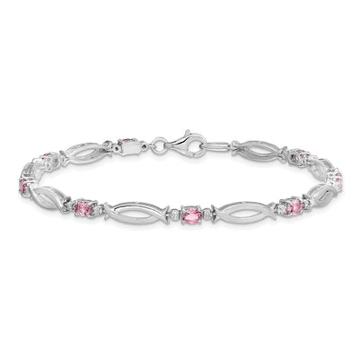 Sterling Silver Rhodium-plated Pink Tourmaline and Diamond Bracelet, 7 x 3mm