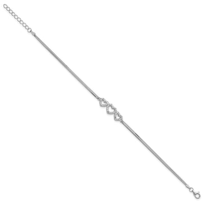 Sterling Silver Rhodium-plated Polished Three Linked CZ Open Hearts Bracelet with extension