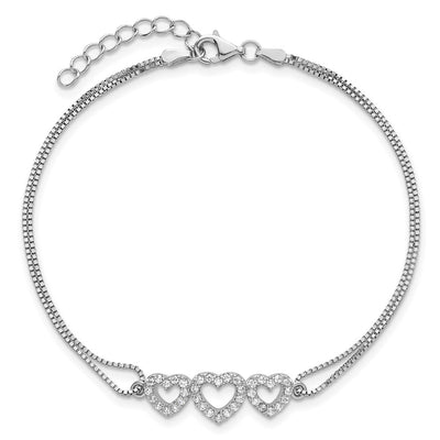 Sterling Silver Rhodium-plated Polished Three Linked CZ Open Hearts Bracelet with extension