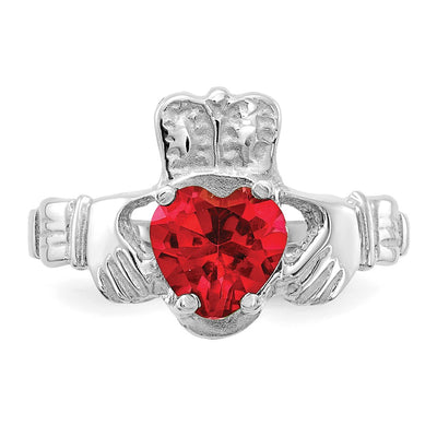 14K White Gold July CZ Birthstone Claddagh Ring