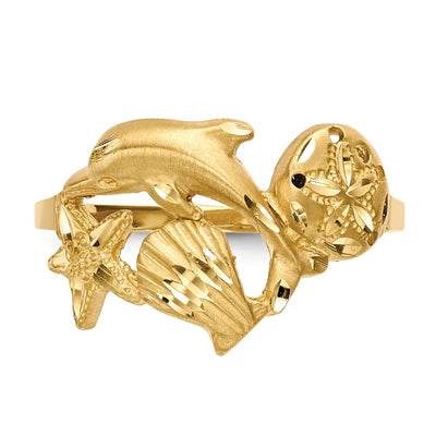 14K Polished and Satin Diamond-cut Dolphin Starfish Shell Sand Dollar Ring