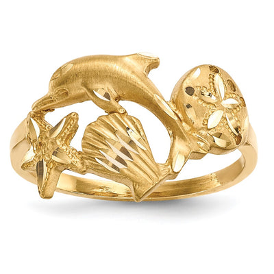 14K Polished and Satin Diamond-cut Dolphin Starfish Shell Sand Dollar Ring