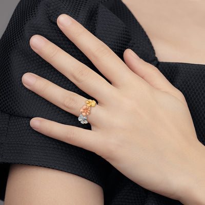 14K Two-tone w/White Rhodium Satin D/C 3-Plumerias Ring