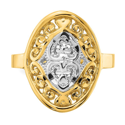 14K w/Rhodium Oval Shield and Hearts Ring