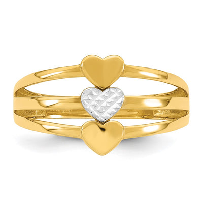 14K with White Rhodium Polished and Diamond-cut Three Hearts Size 7 Ring
