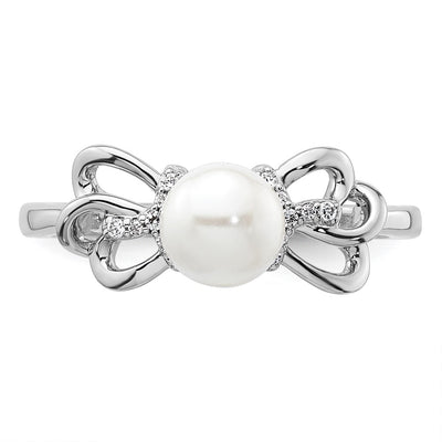 14K White Gold Polished Diamond and Pearl Fashion Ring