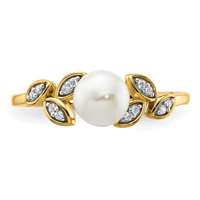 14K Polished 1/20 carat Diamond and White Freshwater Cultured Pearl Leaf Design Size 7 Ring