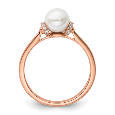 14K Rose Gold Polished 1/15 carat Diamond and White Freshwater Cultured Pearl Size 7 Ring
