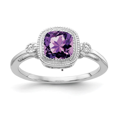 14K White Gold Cushion Amethyst and Diamond Ring