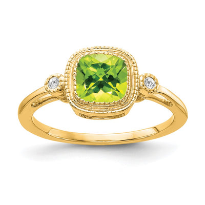 14K Cushion Peridot and Diamond Ring