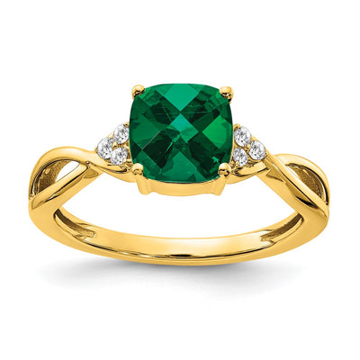 14K Checkerboard Created Emerald and Diamond Ring
