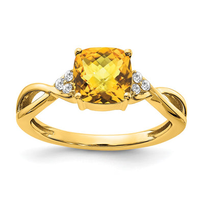 14K Checkerboard Citrine and Diamond Ring