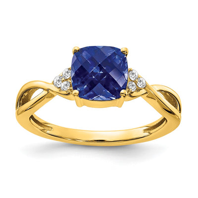 14K Checkerboard Created Sapphire and Diamond Ring