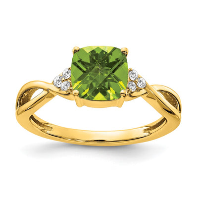14K Checkerboard Peridot and Diamond Ring