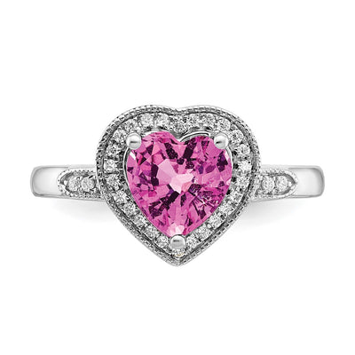 14K White Gold Heart Created Pink Sapphire and Diamond Halo Ring