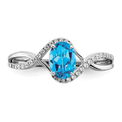 14K White Gold Oval Blue Topaz and Diamond Twist Ring