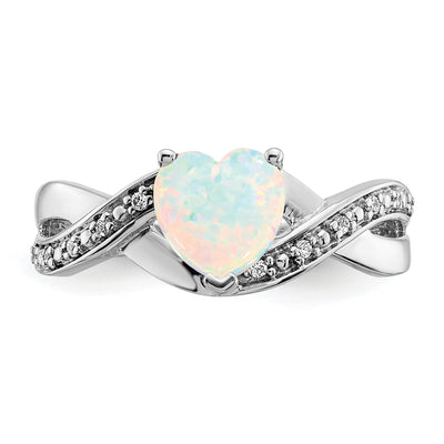 14K White Gold Created Opal and Diamond Heart Ring