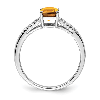 14K White Gold Emerald-cut Citrine and Diamond Ring
