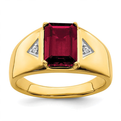 14K Emerald-cut Created Ruby and Diamond Polished Mens Ring
