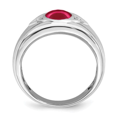 14K White Gold Created Ruby and Diamond Mens Ring