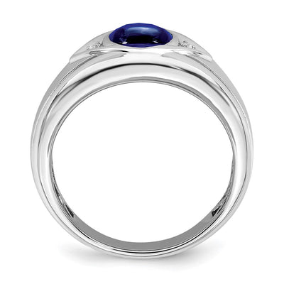 14K White Gold Created Sapphire and Diamond Mens Ring