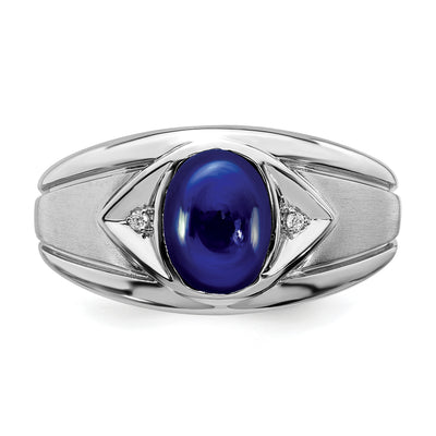 14K White Gold Created Sapphire and Diamond Mens Ring