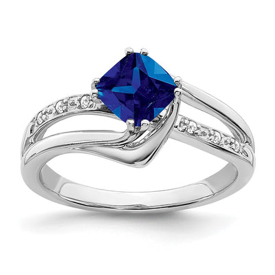 14K White Gold Created Sapphire and Diamond Ring
