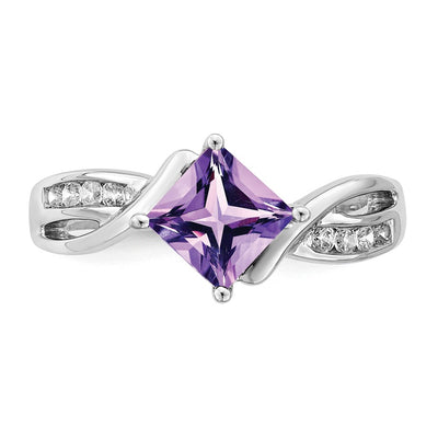 14K White Gold Square Amethyst and Diamond Ring