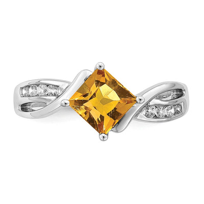 14K White Gold Square Citrine and Diamond Ring