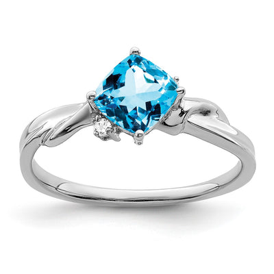 14K White Gold Cushion Blue Topaz and Diamond Ring