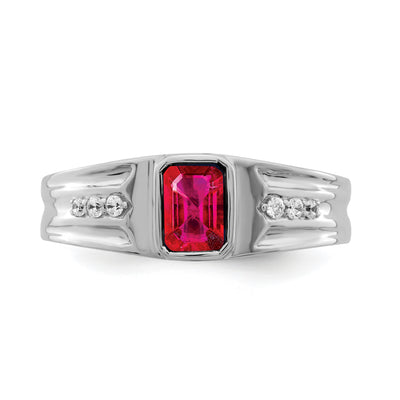 14K White Gold Created Ruby and Diamond Mens Ring