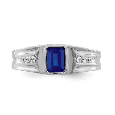 14K White Gold Created Sapphire and Diamond Mens Ring