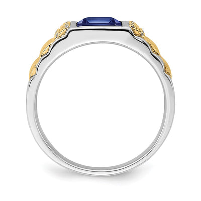 14K Two-tone Created Sapphire and Diamond Mens Ring