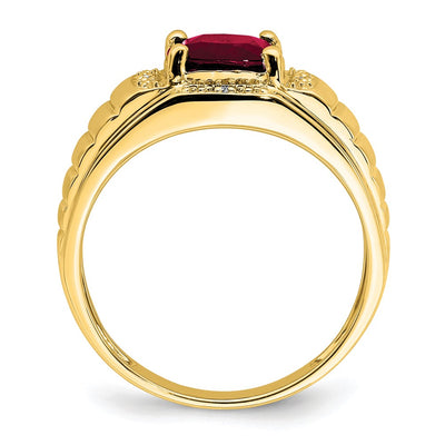 14K Cushion Created Ruby and Diamond Mens Ring