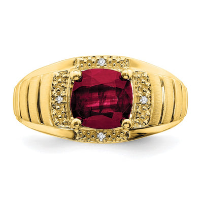 14K Cushion Created Ruby and Diamond Mens Ring