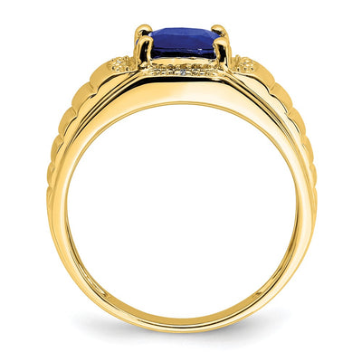 14K Cushion Created Sapphire and Diamond Mens Ring