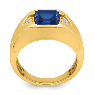 14K Emerald-cut Created Sapphire and Diamond Mens Ring