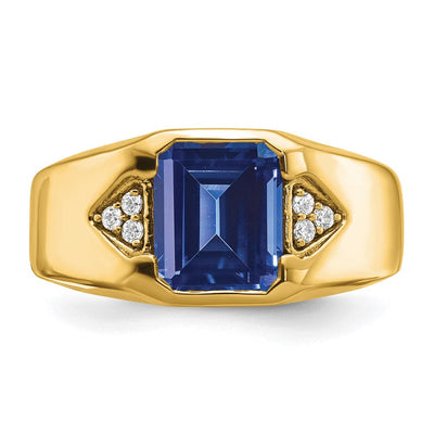 14K Emerald-cut Created Sapphire and Diamond Mens Ring
