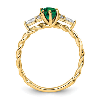 14K Polished Diamond and Lab Created Emerald Twisted Ring