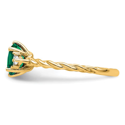 14K Polished Diamond and Lab Created Emerald Twisted Ring