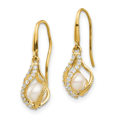14K White Freshwater Cultured Pearl CZ Cage Dangle Earrings