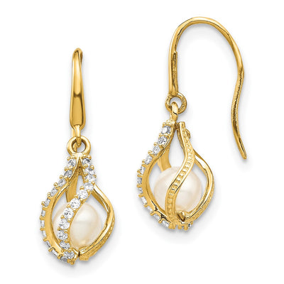 14K White Freshwater Cultured Pearl CZ Cage Dangle Earrings