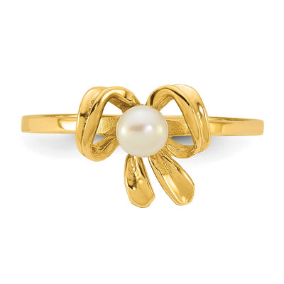 14K Madi K Polished Button White Freshwater Cultured Pearl Bow Size 4 Childrens Ring