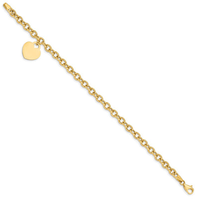 14K Engravable Solid Dangle Heart Charm and Hollow Chain Bracelet