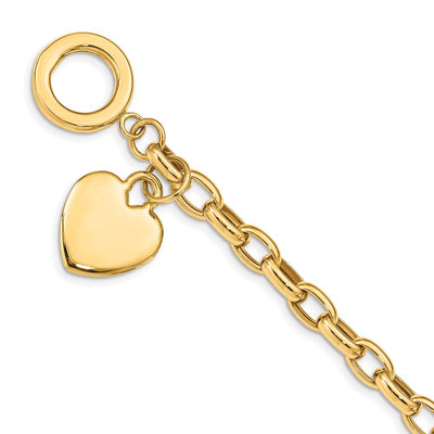 14K Engravable Solid Dangle Heart Charm and Hollow Chain Toggle Bracelet